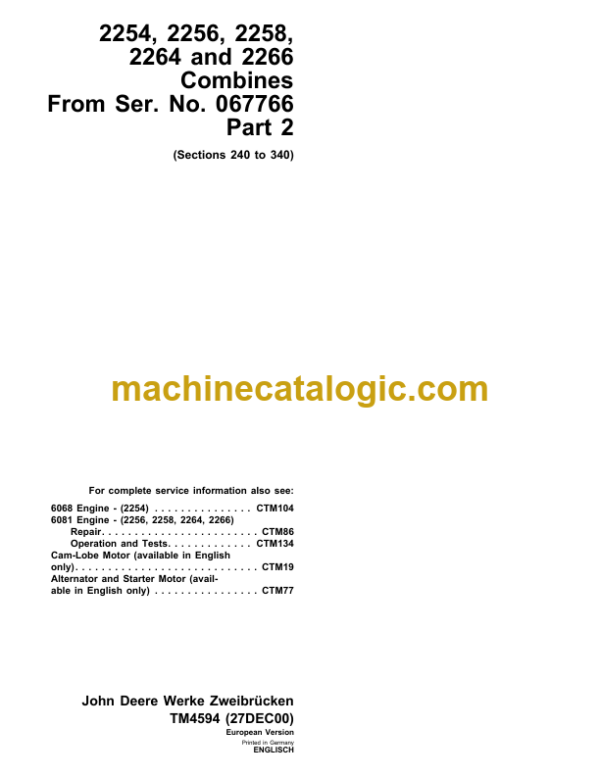 John Deere 2254, 2256, 2258, 2264 and 2266 Combines Technical Manual (TM4594)