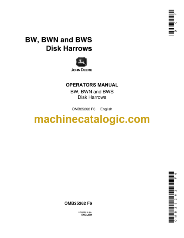 John Deere BW, BWN and BWS Disk Harrows Operator's Manual (OMB25262)