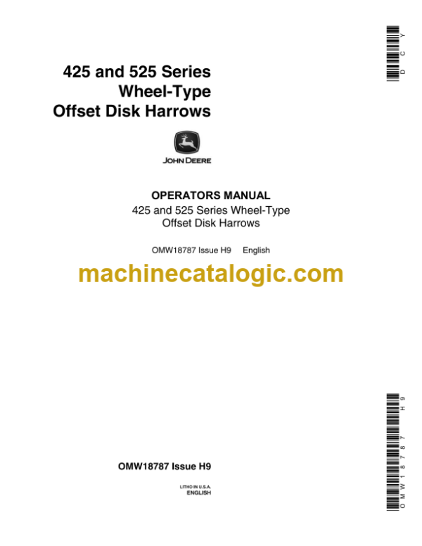 John Deere 425 and 525 Series Wheel-Type Offset Disk Harrows Operator's Manual (OMW18787)