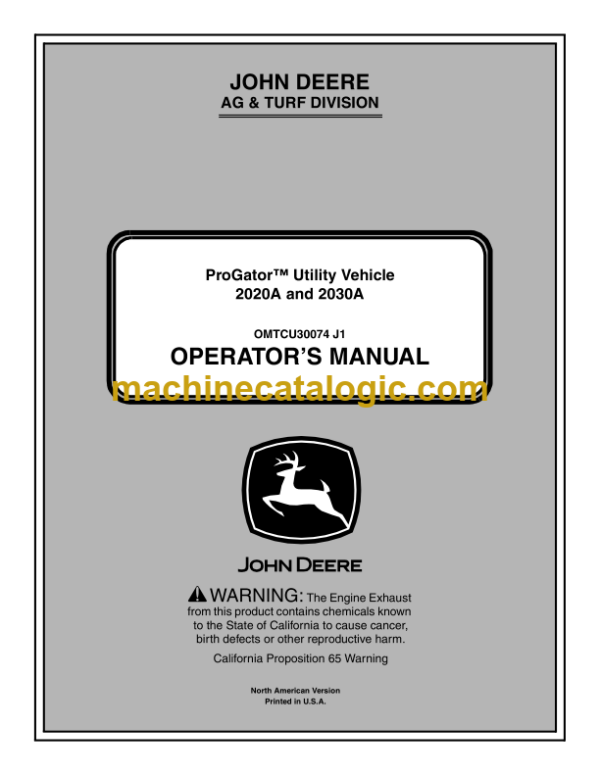 John Deere 2020A and 2030A ProGator Utility Vehicle Operator's Manual (OMTCU30074)