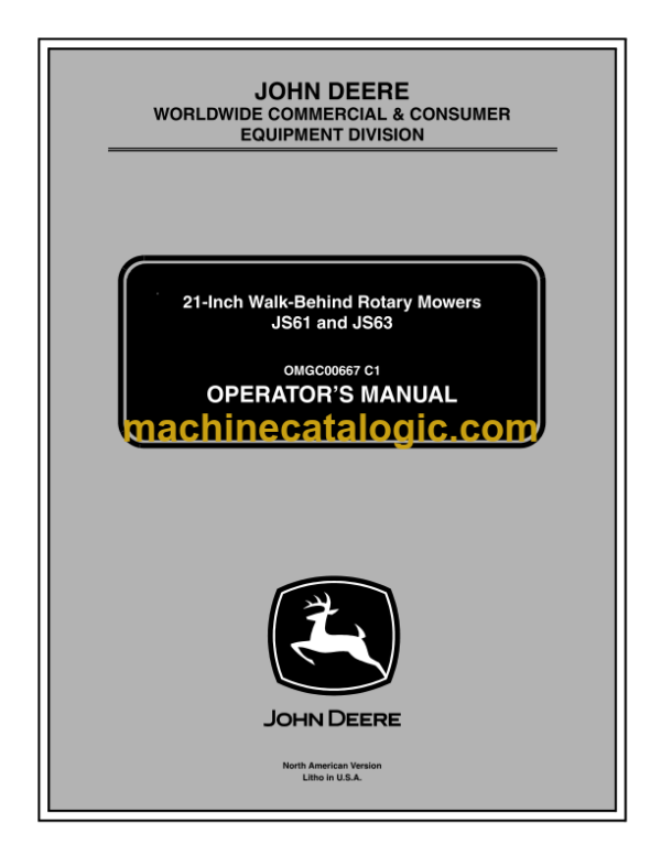 John Deere JS61 and JS63 21-Inch Walk-Behind Rotary Mowers Operator's Manual (OMGC00667C1)