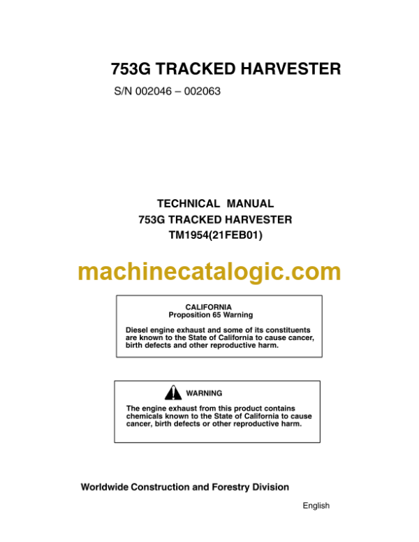 John Deere 753G Tracked Harvester Technical Manual (TM1954)