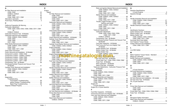 John Deere CS36, CS36LE, CS40, CS40LE, CS46, CS52, CS56, CS62, CS71, CS81 Chainsaws Technical Manual (TM1917)