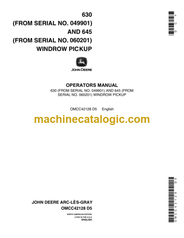 John Deere 630 and 645 Windrow Pickup Operator's Manual (OMCC42128)