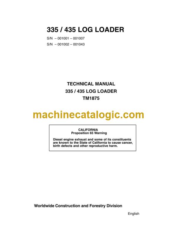 John Deere 335 435 Log Loader Technical Manual (TM1875)