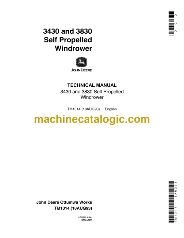 John Deere 3430 and 3830 Self Propelled Windrower Technical Manual (TM1314)