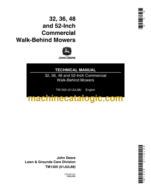 John Deere 32 36 48 and 52-lnch Commercial Walk-Behind Mowers Technical Manual (TM1305)