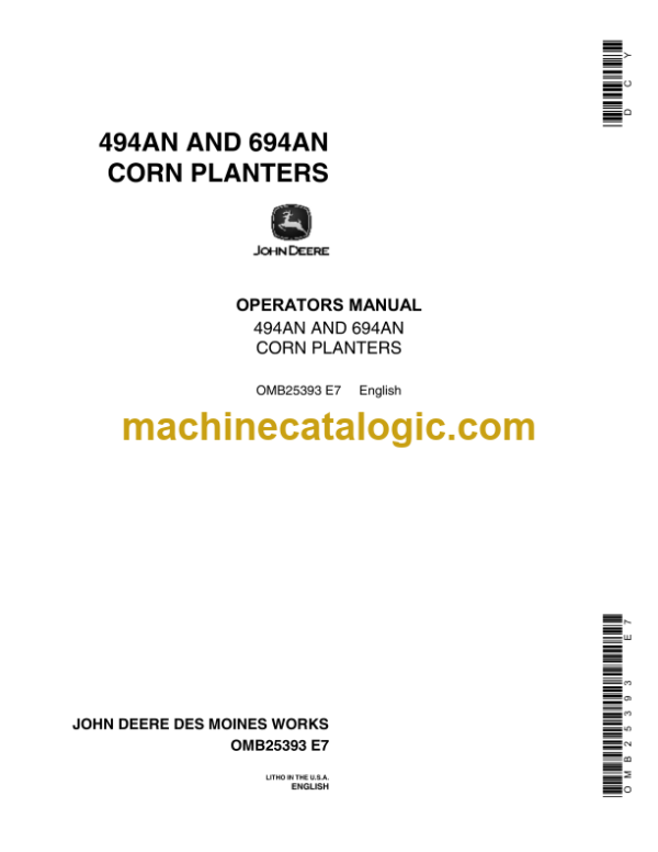 John Deere 494AN and 694AN Corn Planters Operator's Manual (OMB25393)