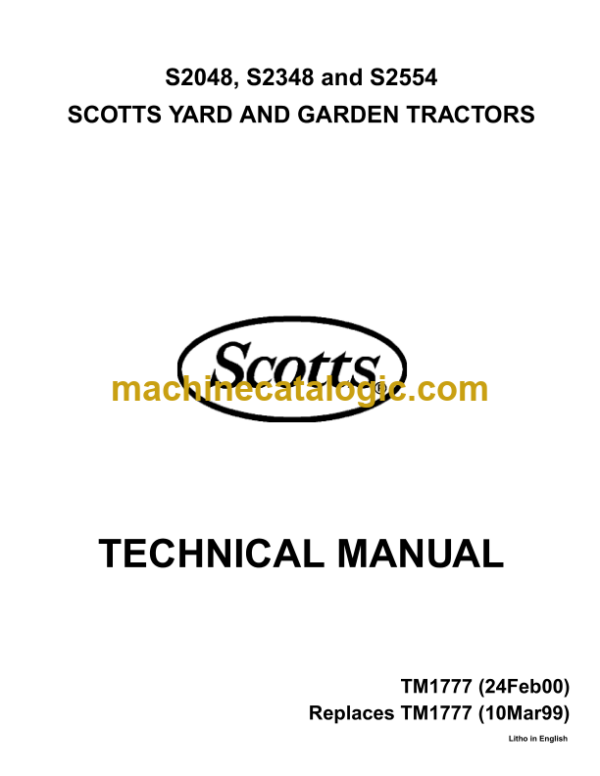 John Deere S2048 S2348 and S2554 Scotts Yard and Garden Tractors Technical Manual (TM1777)