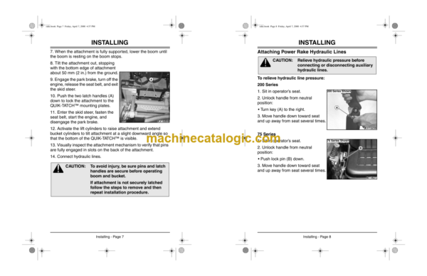 John Deere PR72, PR72S, and PR96 Power Rake for 240, 250, 260, 270 and 4475, 5575, 6675, 7775, 8875 Skid Steers Operator's Manual (OMKV16793)