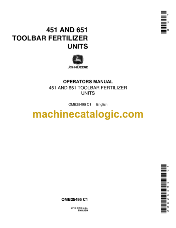 John Deere 451 and 651 Toolbar Fertilizer Units Operator's Manual (OMB25495)