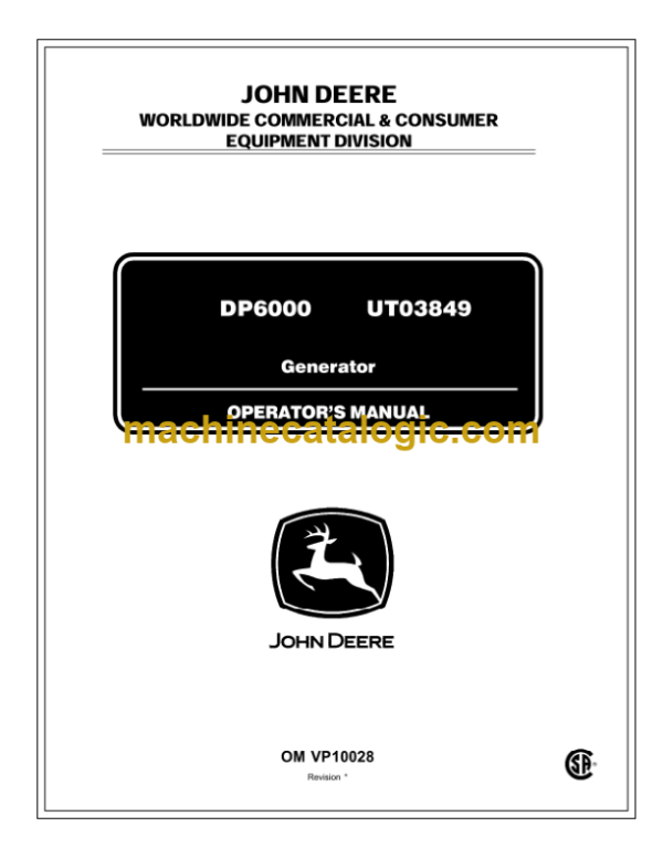 John Deere DP6000 UT03849 Generator Operator's Manual (OMVP10028)