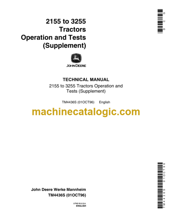 John Deere 2155 to 3255 Tractors Operation and Tests (Supplement) Technical Manual (TM4436S)