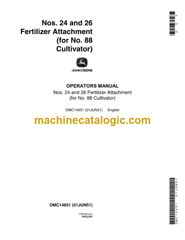 Nos. 24 and 26 Fertilizer Attachment (FOR NO. 88 CULTIVATOR) Operator's Manual (OMD14651)