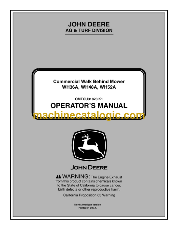 John Deere WH36A, WH48A, WH52A Commercial Walk Behind Mower Operator's Manual (OMTCU31828)