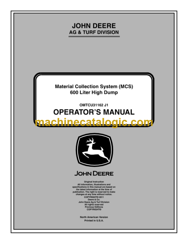 John Deere 600 Liter High Dump Material Collection System (MCS) Operator's Manual (OMTCU31162)