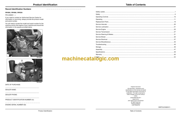 John Deere WH36A, WH48A, WH52A Commercial Walk Behind Mower Operator's Manual (OMTCU31828)