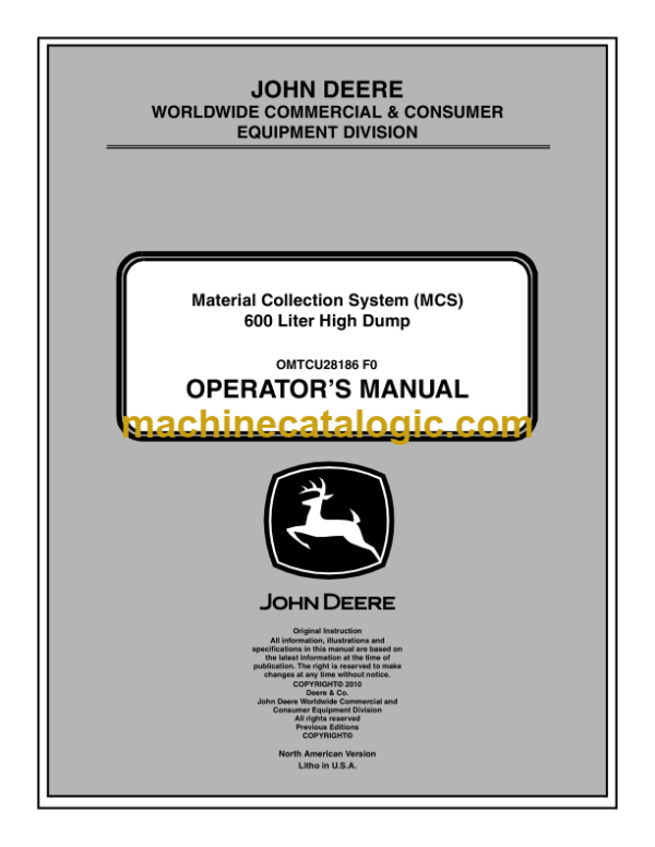 John Deere 600 Liter High Dump Material Collection System (MCS) Operator's Manual (OMTCU28186)