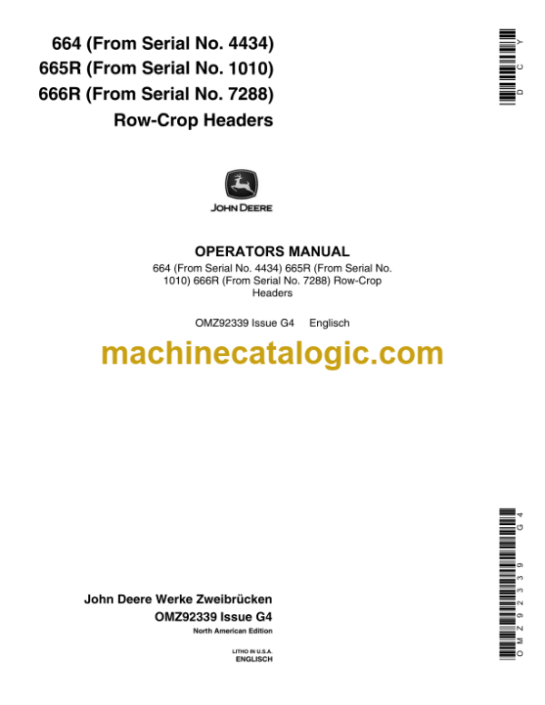 John Deere 664 665R 666R Row-Crop Headers Operator's Manual (OMZ92339)