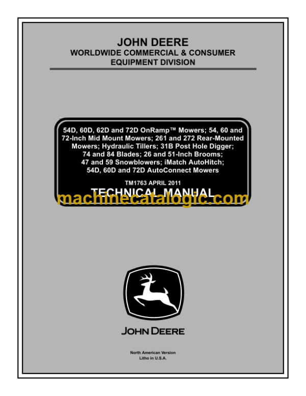 John Deere 54D 60D and 72D Series Mowers Technical Manual (TM1763)