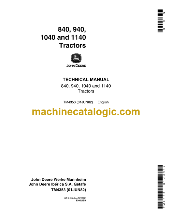 John Deere 840, 940, 1040 and 1140 Tractors Technical Manual (TM4353)