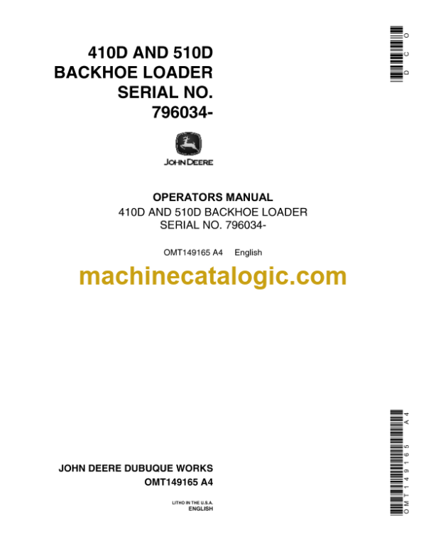 John Deere 410D and 510D Backhoe Loader (SERIAL NO 796034-) Operator's Manual (OMT149165)