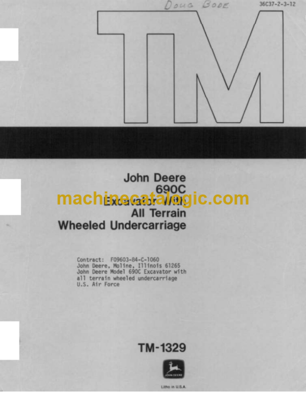 John Deere 690C Excavator With All Terrain Wheeled Undercarriage Technical Manual (TM1329)