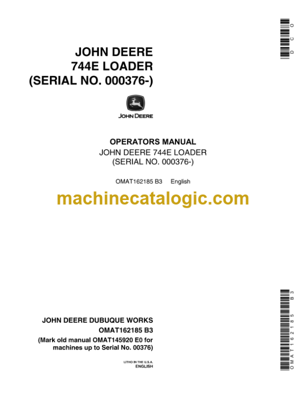 John Deere 744E Loader Operator's Manual (OMAT162185)