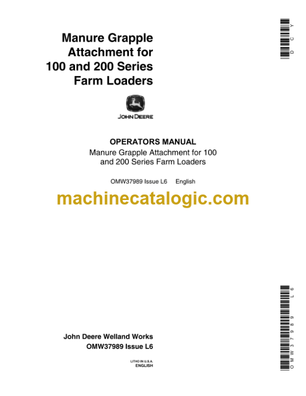 John Deere 100 and 200 Series Farm Loaders Manure Grapple Attachment Operator's Manual (OMW37989)