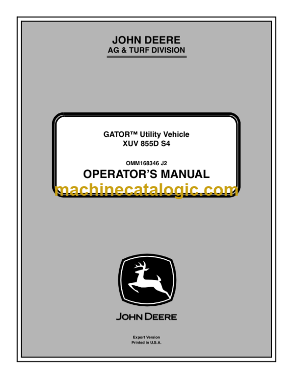 John Deere XUV 855D S4 GATOR Utility Vehicle Operator's Manual (OMM168346)