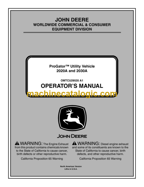 John Deere 2020A and 2030A ProGator Utility Vehicle Operator's Manual (OMTCU29535)