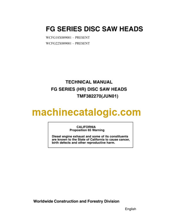 John Deere FG Series Disc Saw Heads Technical Manual (TMF382270)