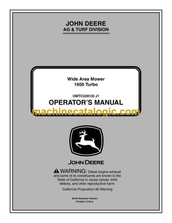 John Deere 1600 Turbo Wide Area Mower Operator's Manual (OMTCU28135)