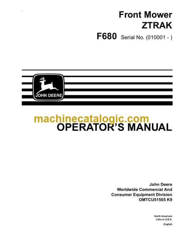 John Deere F680 Front Mower ZTRAK Operator's Manual (OMTCU51505K9)