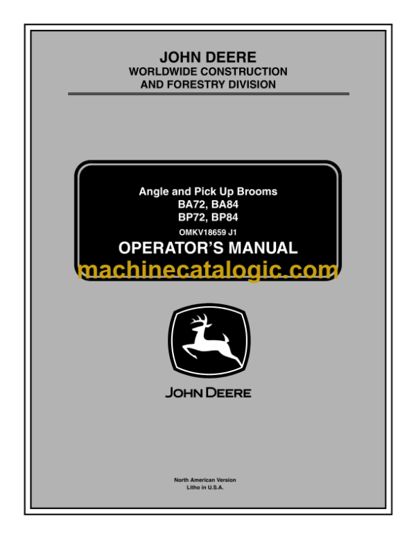 John Deere BA72, BA84, BP72, BP84 Angle and Pick Up Brooms Operator's Manual (OMKV18659)