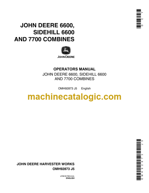 John Deere 6600, Sidehill 6600 and 7700 Combines Operator's Manual (OMH92873)