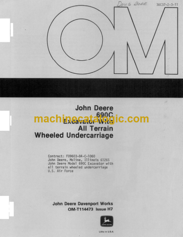 John Deere 690C Excavator With All Terrain Wheeled Undercarriage Operator's Manual (OMT114473)