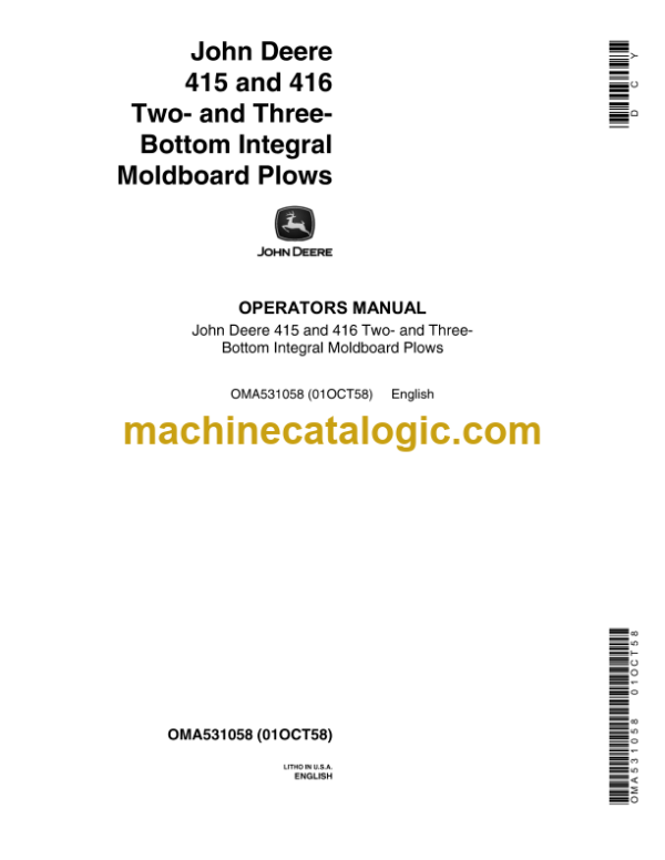 John Deere 415 and 416 Two and Three Bottom Integral Moldboard Plows Operator's Manual (OMA531058)