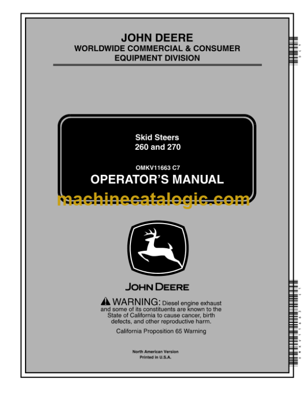 John Deere 260 and 270 Skid Steers Operator's Manual (OMKV11663)