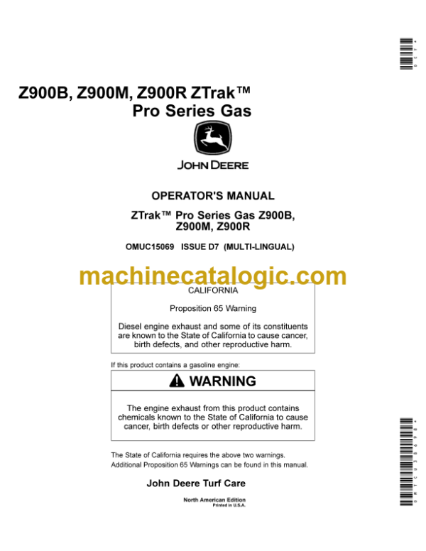 John Deere Z900B, Z900M, Z900R ZTrak Pro Series Gas Operator's Manual (OMUC15069)
