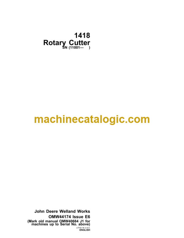 John Deere 1418 Rotary Cutter Operator's Manual (OMW44174)