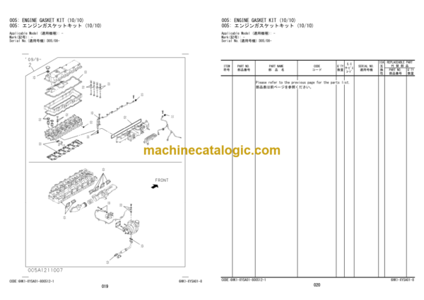 Hitachi ZX330-3 Series ISUZU 6HK1-XYSA01 Hydraulic Excavator Engine Parts Catalog