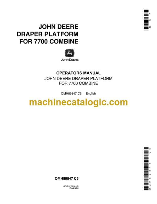 John Deere 7700 Combine Draper Platform Operator's Manual (OMH89847)