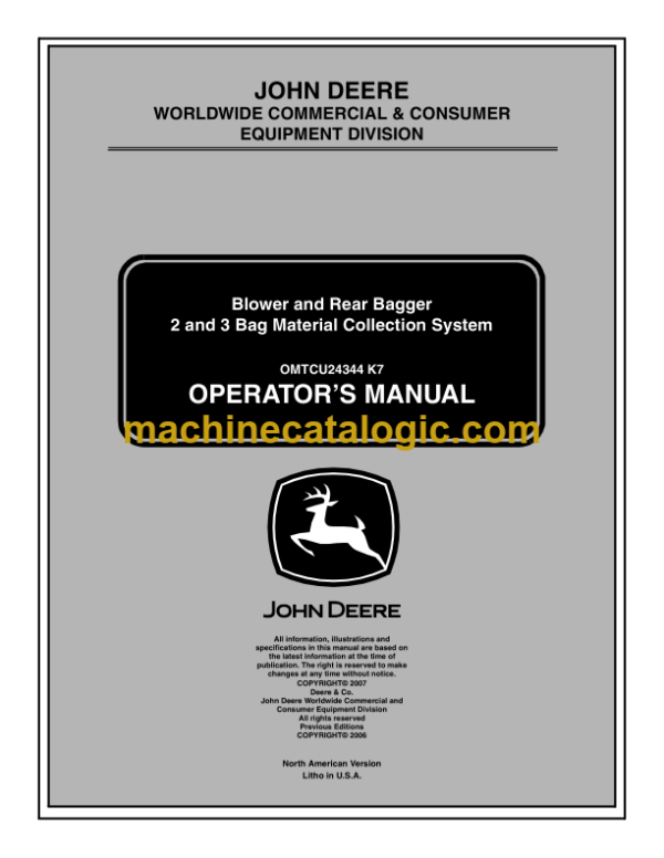 John Deere 2 and 3 Bag Material Collection System Blower and Rear Bagger Operator's Manual (OMTCU24344)