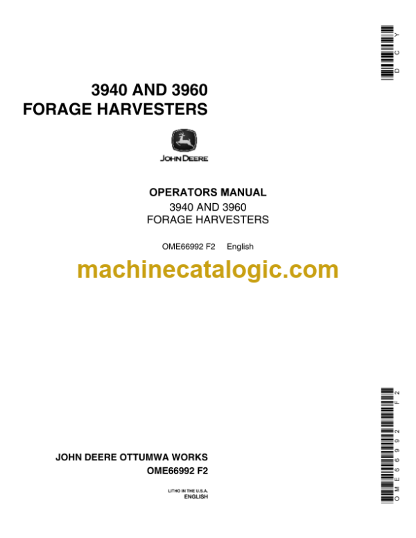 John Deere TR36, TR48, and TR60 Hydraulic Trencher for 240, 250, 260, 270 and 4475, 5575, 6675, 7775, 8875 Skid Steers Operator's Manual (OMKV16794)