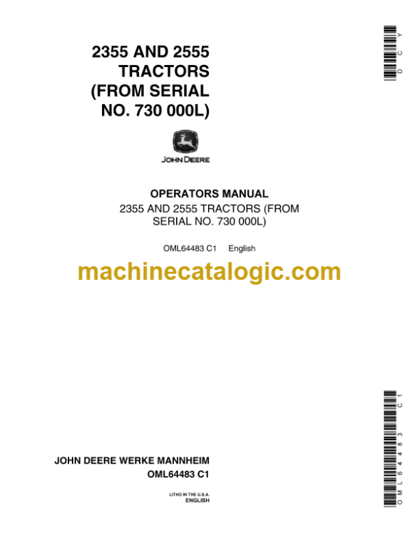 John Deere 2355 and 2555 Tractors Operator's Manual (OML64483)