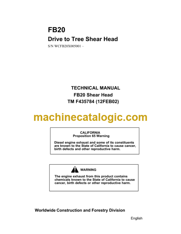 John Deere FB20 Drive to Tree Shear Head Technical Manual (TMF435784)