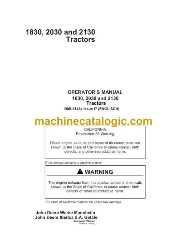 John Deere 1830, 2030 and 2130 Tractors Operator's Manual (OML31484)