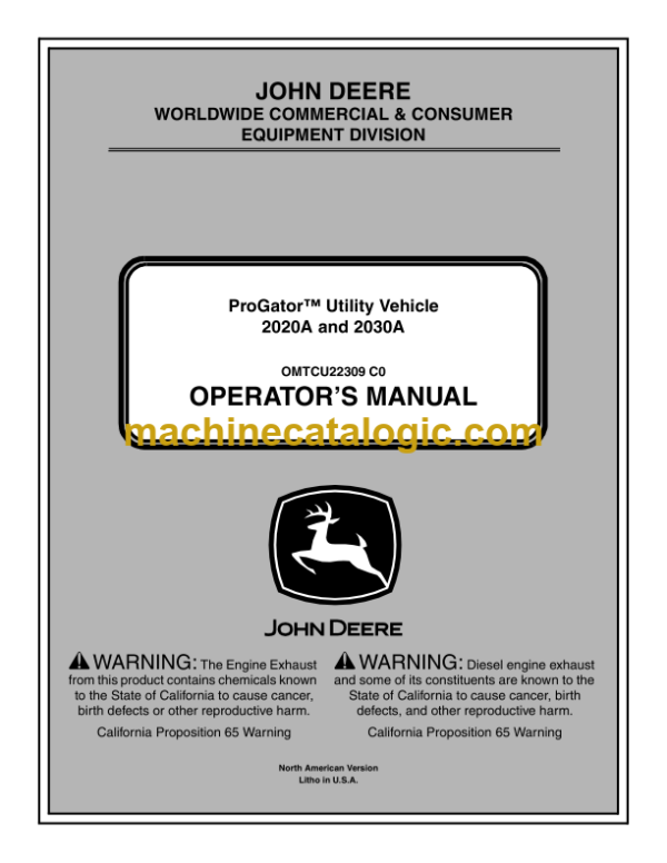 John Deere 2020A and 2030A ProGator Utility Vehicle Operator's Manual (OMTCU22309)