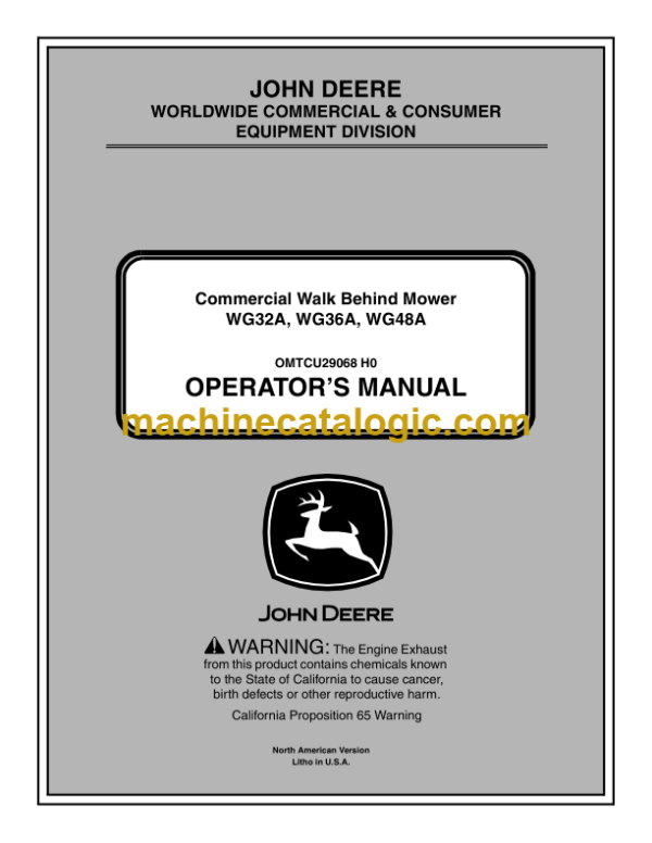 John Deere WG32A, WG36A, WG48A Commercial Walk Behind Mower Operator's Manual (OMTCU29068)